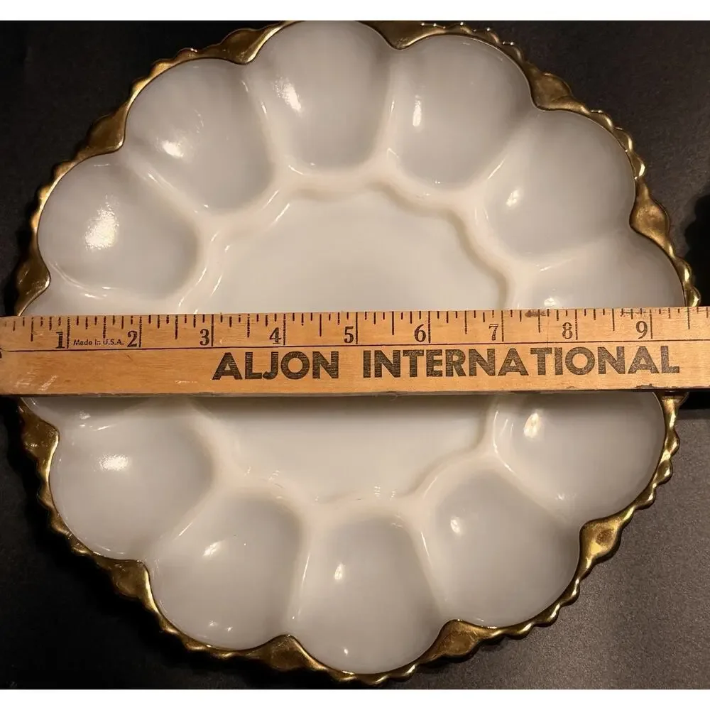 2 Anchor Hocking Fire King Milk Glass Deviled Egg Plates 22K Gold Trim Platters